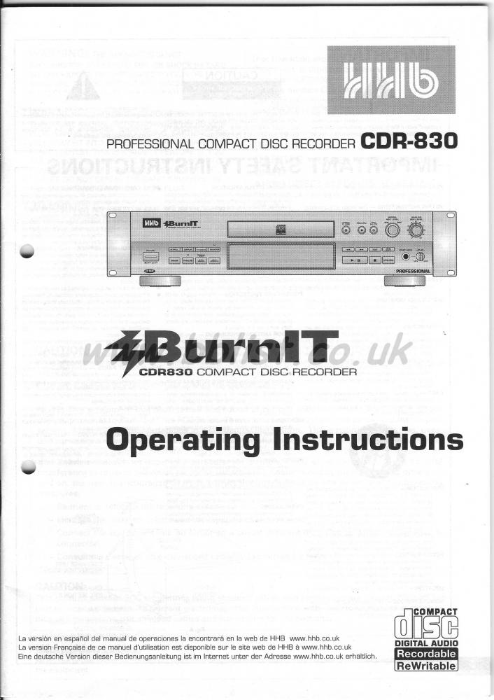 HHB CDR-830 BurnIt CD Recorder Operating Instructions