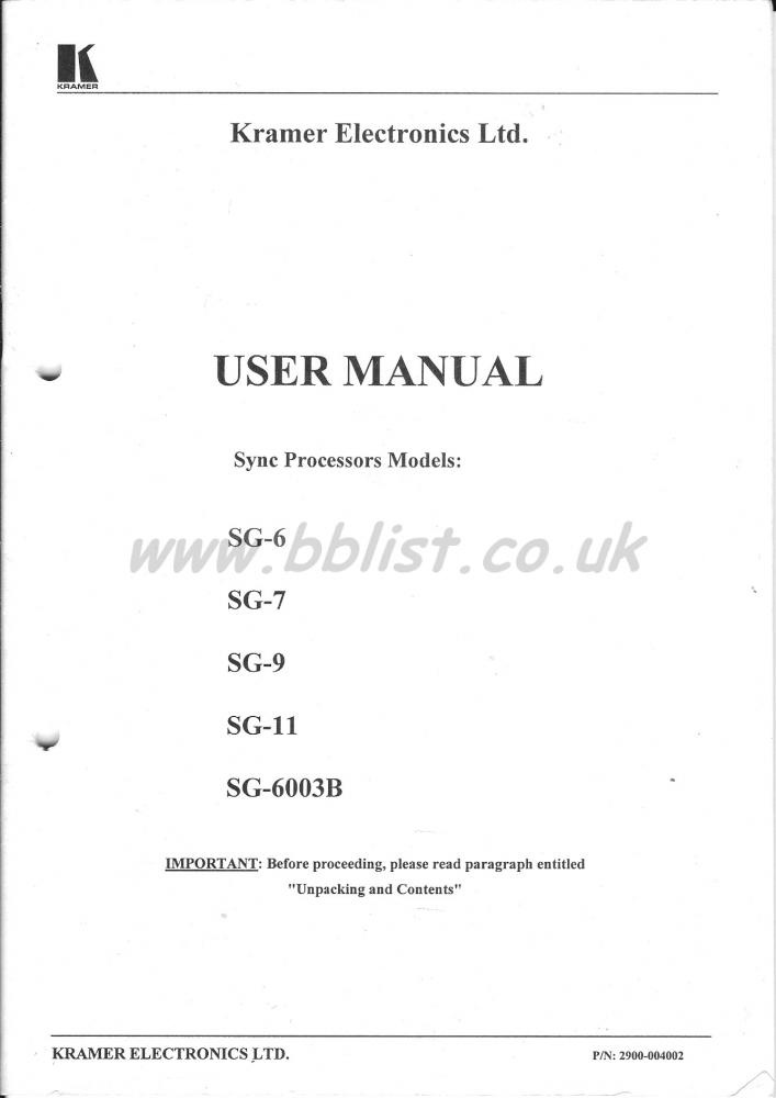 Kramer Sync Processor SG-6 SG-7 SG-9 SG-11 SG-6003B Manual