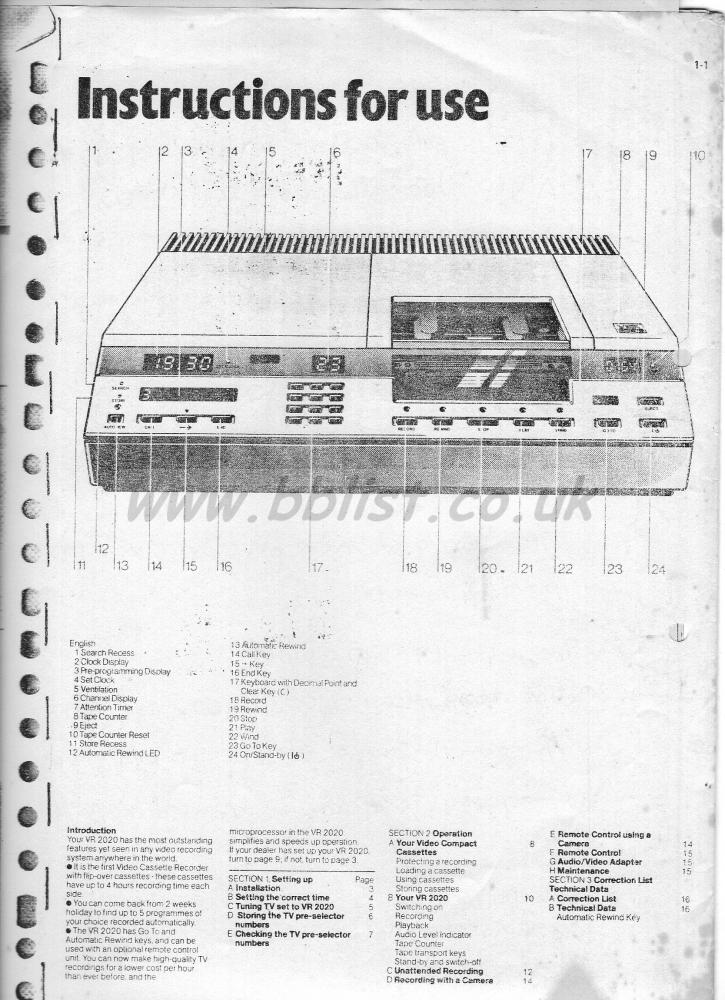 Philips VR2020 Video Deck Instructions For Use