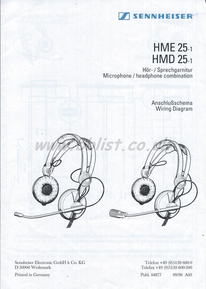 Sennheiser HME 25-1 / HMD 25-1 Headset Manual/Wiring Diagram