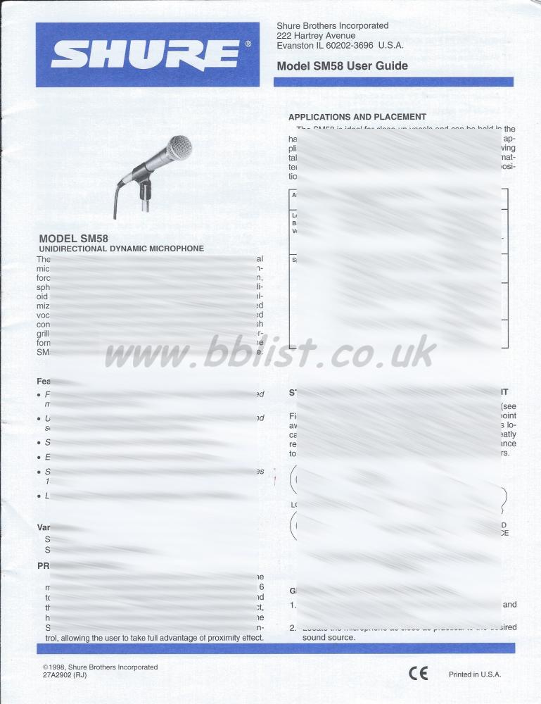 Shure SM58 Microphone Original User Guide