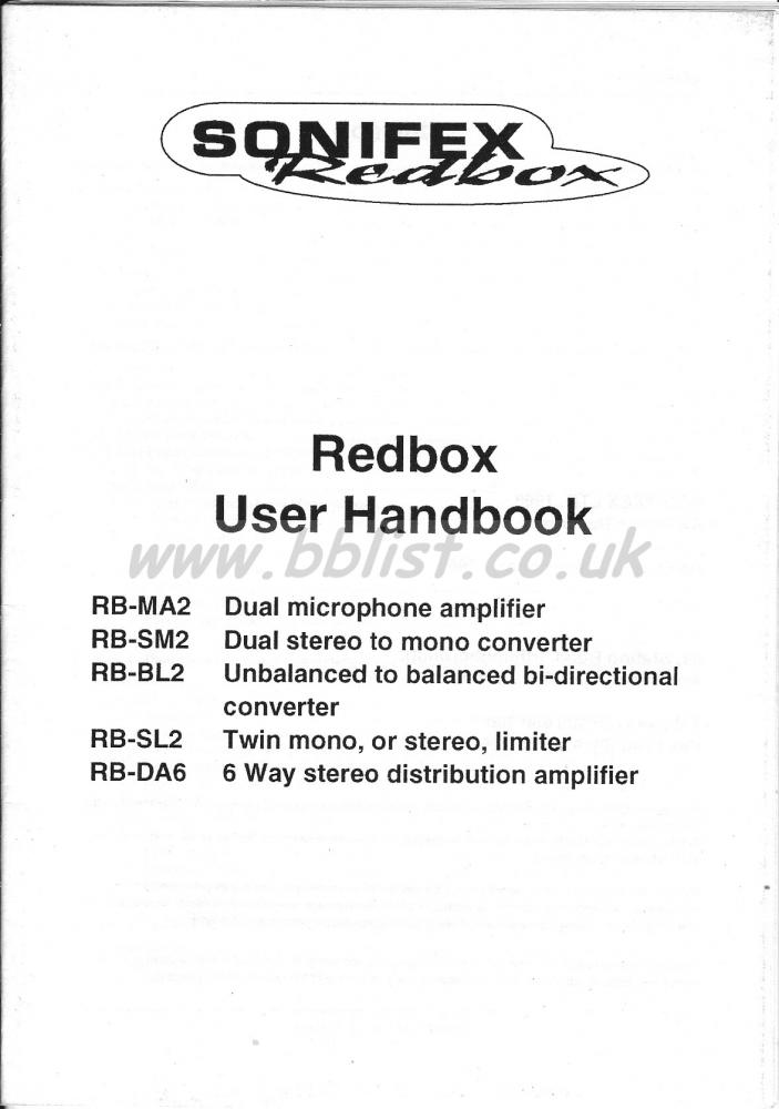 Sonifex Redbox RB-MA2 RB-SM2 RB-BL2 RB-SL2 RB-DA6 Handbook