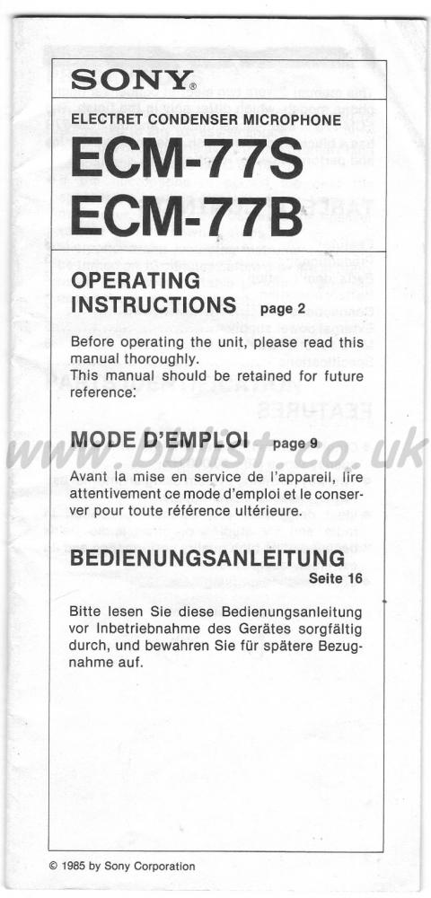 Sony ECM-77S / ECM-77B lapel mic Operating Instructions